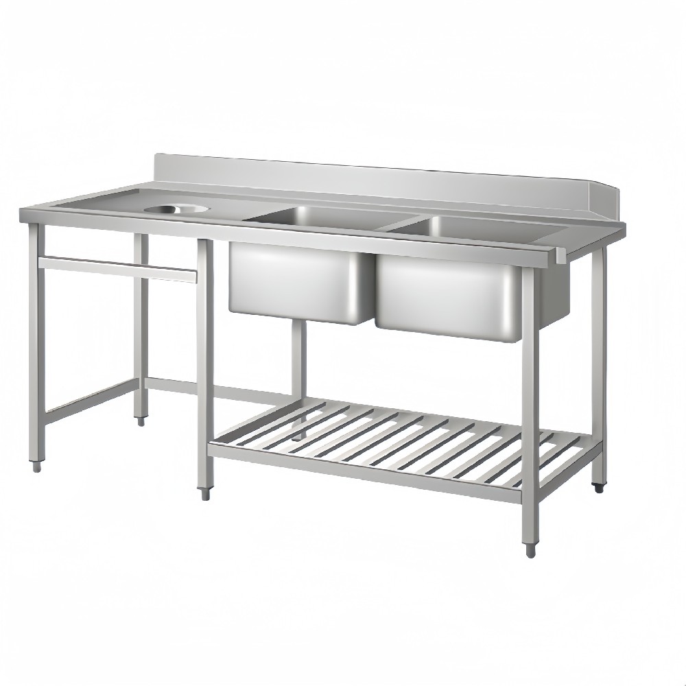 Stainless Steel Dish Wash Inlet Work Bench With Double Sink